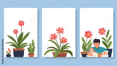 A man hugs his dog amidst potted flowers