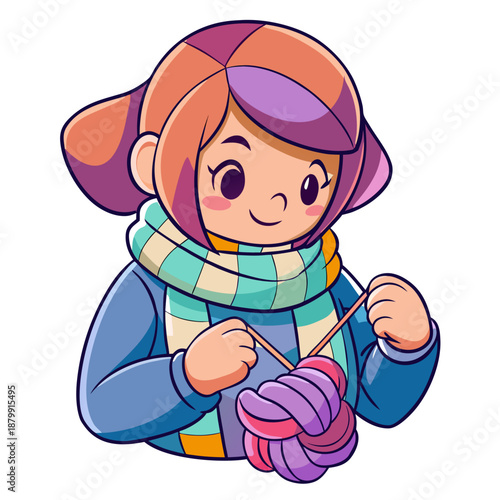 Cute cartoon woman knitting scarf with yarn and needles