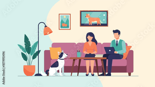 A man and woman with a dog sit in a living room with a laptop and books