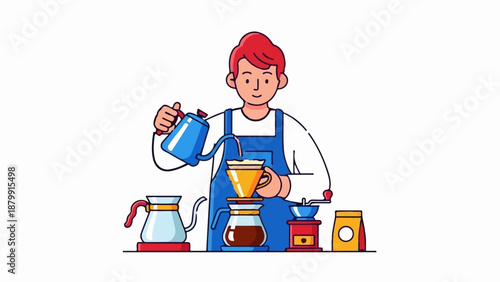 A person in an apron prepares pour-over coffee with a grinder and kettle