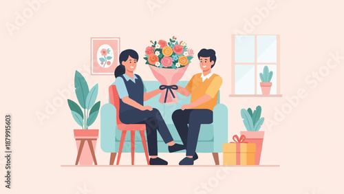 A man gives a woman flowers and a gift while sitting on a sofa