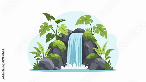 A refreshing waterfall cascades over mossy rocks, surrounded by lush green foliage
