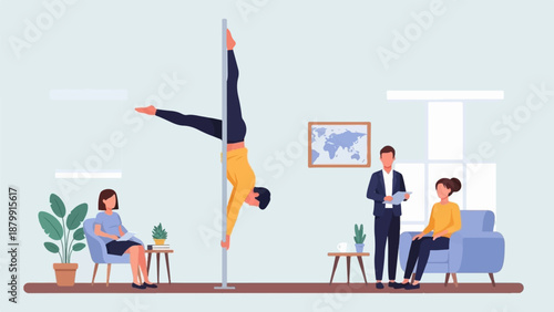 A person performs a handstand on a pole while others observe, work, and relax