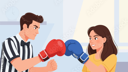 A referee watches as a woman faces off with boxing gloves