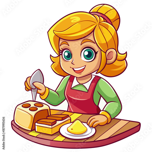 Cartoon woman preparing breakfast toast with butter