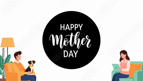 A man and dog sit on a couch, a woman uses a tablet, a lamp