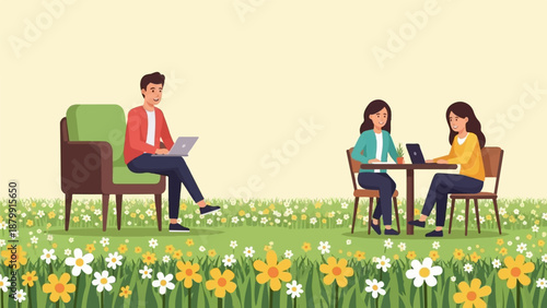 A man and two women work on laptops outdoors surrounded by flowers