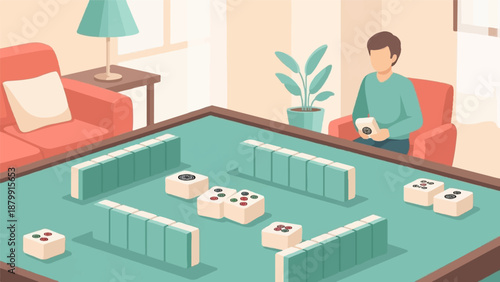 A person plays mahjong at a table in a living room with coral chairs