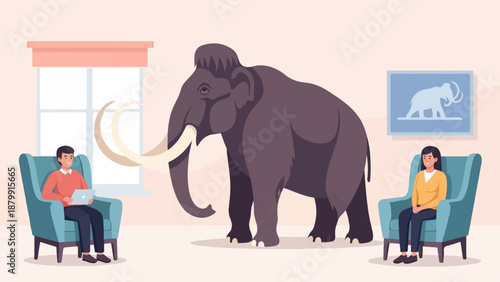 A mammoth stands in a room with people in chairs and a painting on the wall