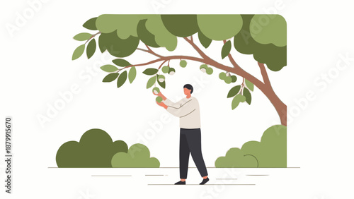 A person picking fruit from a tree in a stylized outdoor setting