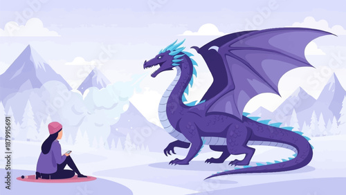 A majestic purple dragon breathes frost near a person with a phone in a snowy landscape