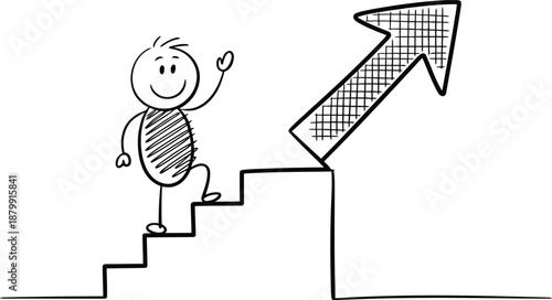 A smiling stick figure confidently climbs a set of stairs towards a large upward pointing arrow