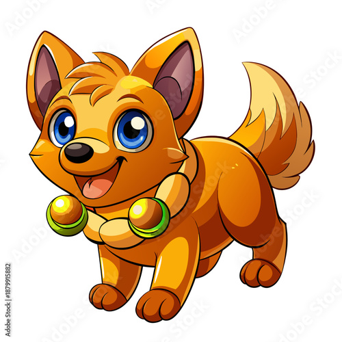A cute cartoon chibi dog with bells smiling happily
