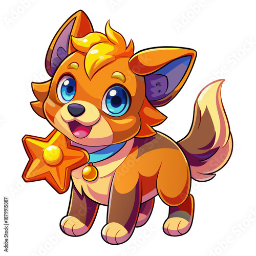 Chibi Dog Holding a Star Charm with Glowing Sparkles