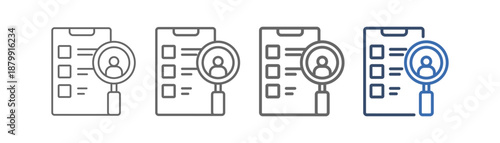 
outline icon set criteria with paper clip, human, and magnifying glass design