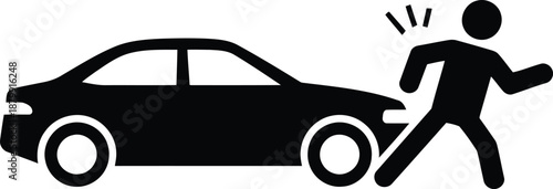 A stark black icon shows a pedestrian struck by the side of a car while walking