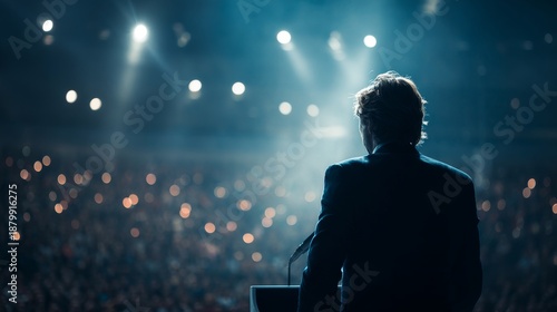 Motivational speaker giving speech on stage to large crowd audience