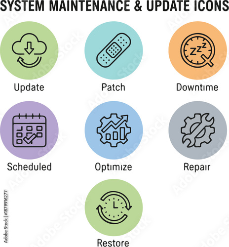  System maintenance and update line icons including update, patch, downtime, scheduled, optimize, repair, restore