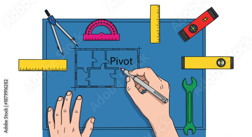 Architectural blueprint with hand drawing floor plan and drafting tools, concept of design and construction
