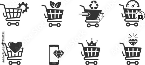 Black shopping cart icon with heart on white background