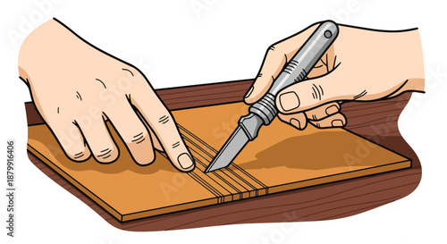Detailed illustration of hands carefully using a craft knife to cut precise parallel lines into a brown material, showcasing precision, craftsmanship, and manual skill.