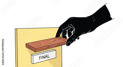 Hand placing a wooden block into a slot labeled "FINAL", symbolizing a definitive decision, project completion, or the last step in a process.