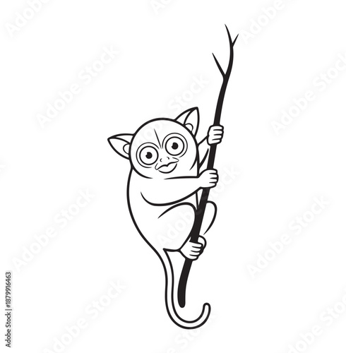Cute Tarsier Cartoon Vector Illustration, Funny Primate Climbing Branch, Minimal Line Art Animal Character Isolated on White.