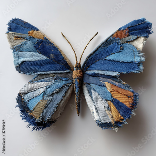 A butterfly sculpture with wings made from various shades of torn denim fabric, arranged artistically on a neutral background.