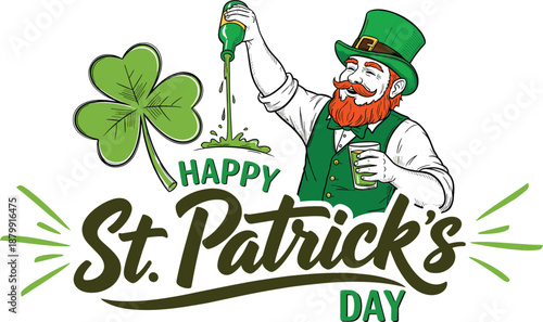 Detailed festive vector for Happy St. Patrick's Day featuring a cheerful leprechaun pouring a green drink with clover.