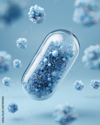 Transparent capsule filled with various small blue and metallic spheres floating against a soft blue background, surrounded by similar clusters in soft focus.