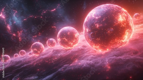 Glowing red planets in a nebula.