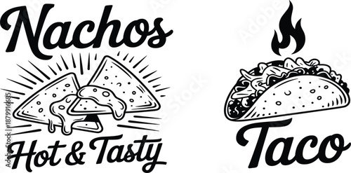Vintage style hand drawn black and white Mexican food logos for nachos and spicy tacos