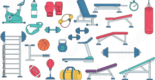 Flat gym equipment vector illustration set with fitness machines, free weights, boxing gear, and workout accessories