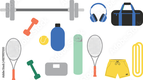 Flat sports and fitness equipment vector illustration with gym weights, yoga mat, tennis gear, accessories, and workout items