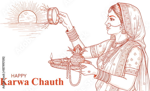 Detailed orange sketch vector for Happy Karwa Chauth featuring a woman performing rituals with a sieve and thali.