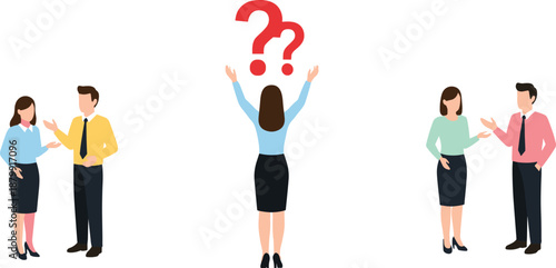 Flat business people vector illustration showing confused woman with question marks and office colleagues discussing problems and solutions