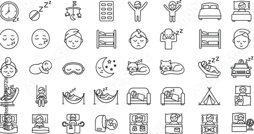 Sleep routine and bedtime line icon collection featuring people sleeping, beds, alarm clocks, dreams, rest activities, n, minimal outline vector illustration isolated on 