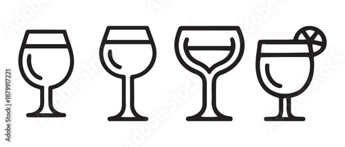 Variety of Wine and Cocktail Glasses Lined Up, Minimalist Icon Set.