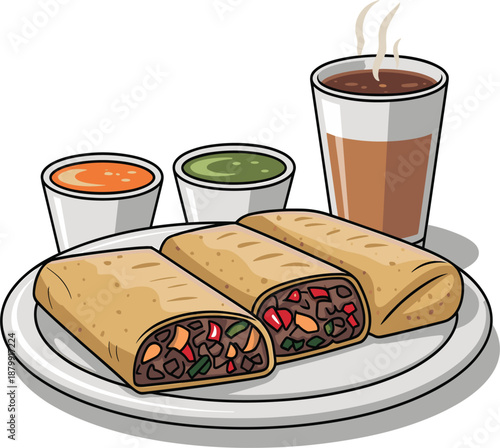 Delicious Mexican breakfast burritos served on plate with spicy red salsa green sauce and hot coffee