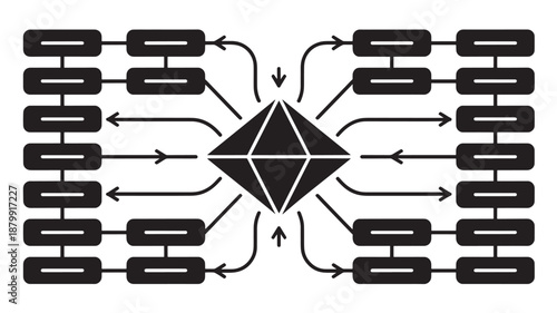 Centralized data hub in modern minimalist design with dark monochromatic color scheme and sleek 3D rendering for technology illustration