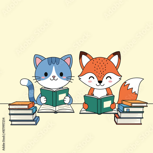Cat and Fox Reading Books Together