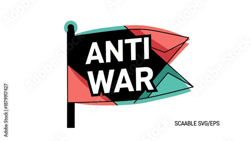 A stylized graphic illustration of an anti-war flag with bold text, featuring a modern design in black, red, and teal colors, symbolizing peace and protest.