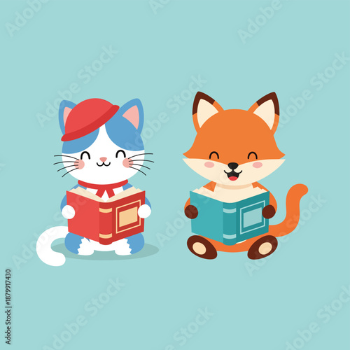 Cartoon Cat and Fox Reading
