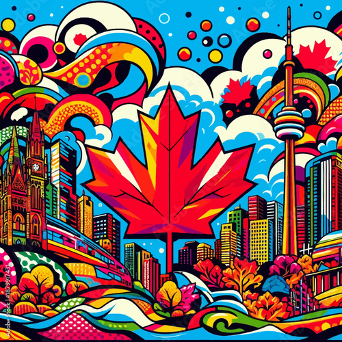 Vibrant pop-art illustration of Canada. A giant red maple leaf centers a collage of the CN Tower, Parliament Hill, and city skylines amidst colorful psychedelic swirls and abstract patterns.
