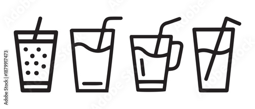 Drinks Glasses with Straws Icons. Beverage Variety on White background. 