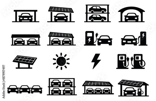 Modern graphic icon set featuring electric vehicles, charging stations, and solar energy elements for sustainable transportation