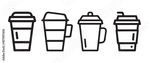 Set of Different Takeaway Coffee Cups Icons, Line Art Style.