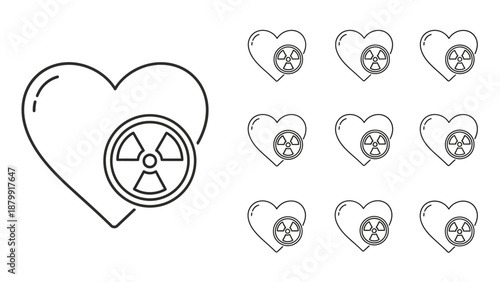 Line art icon of a heart with a radiation symbol, representing danger or toxicity.