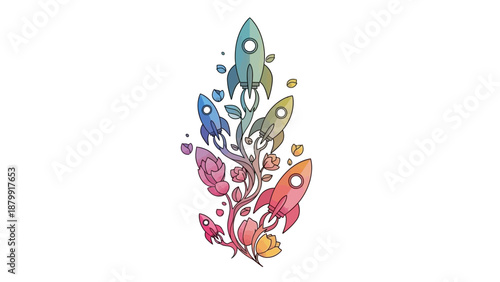 A whimsical illustration depicting colorful rockets growing like flowers on a vibrant, rainbow-hued plant, symbolizing growth and innovation.