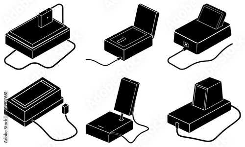 Five Different Smartphone Charging Stations with Cables on White Background electronic device